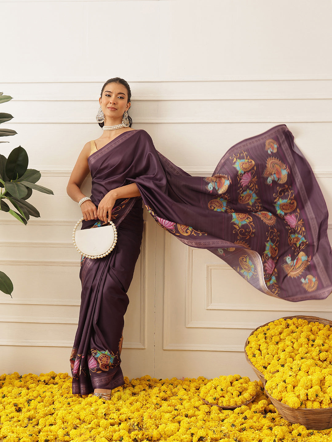 Kalamkari Printed Art Silk Festive Saree With Unstitched Blouse Piece