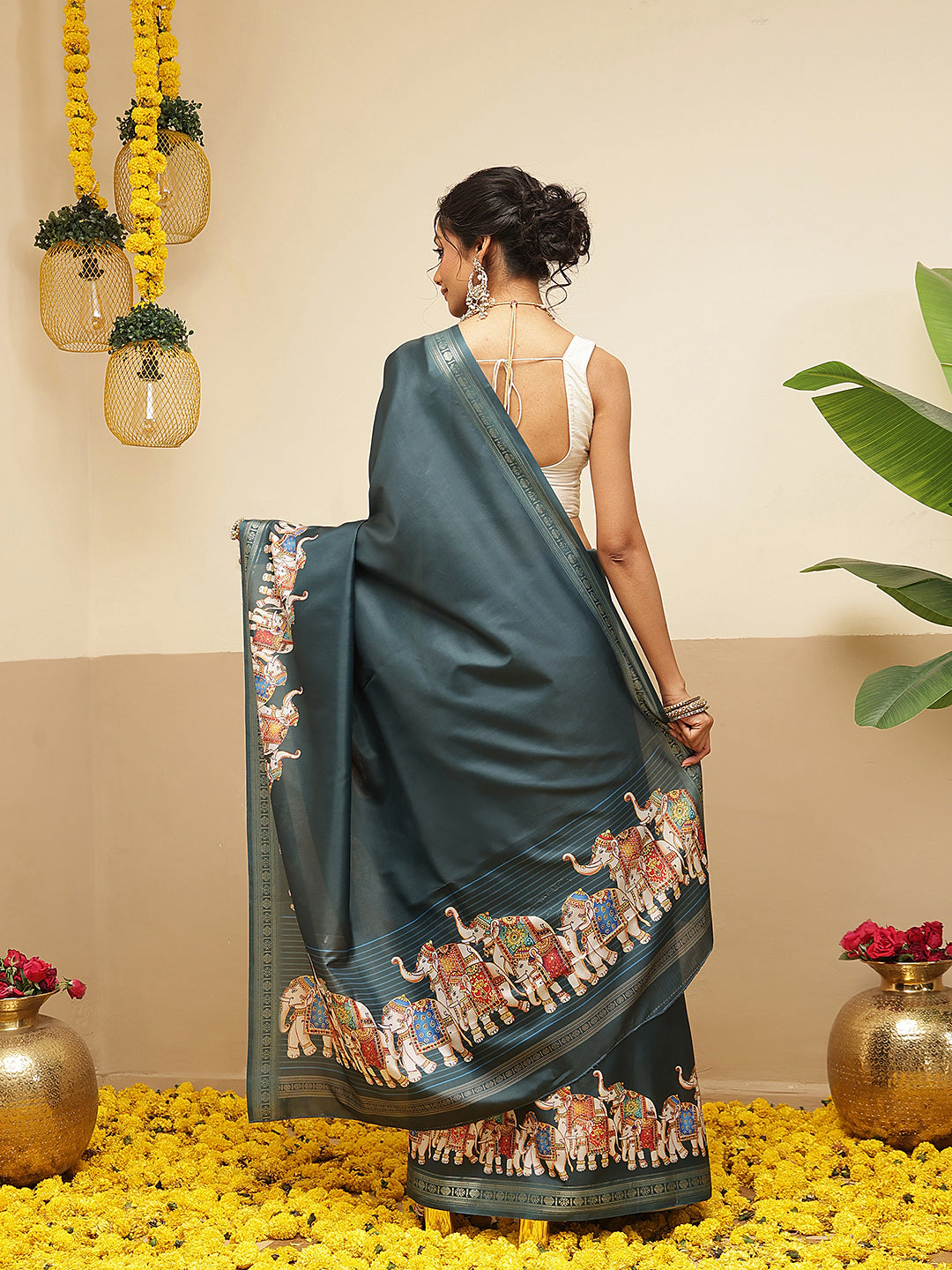 Elephant Printed Art Silk Festive Saree With Unstitched Blouse Piece