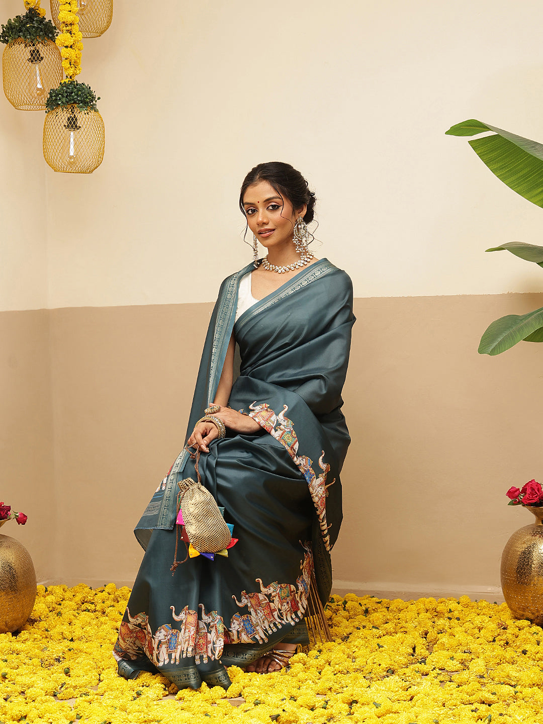 Elephant Printed Art Silk Festive Saree With Unstitched Blouse Piece