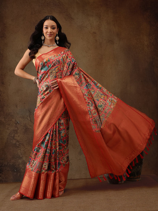 Kanjeevaram Pattu Zari Woven Border Digital Printed Saree