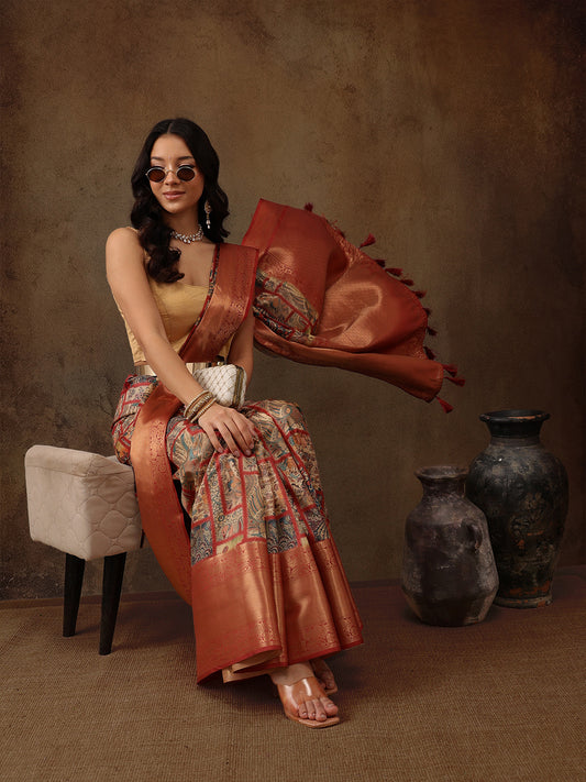 Kanjeevaram Pattu Zari Woven Border Digital Printed Saree
