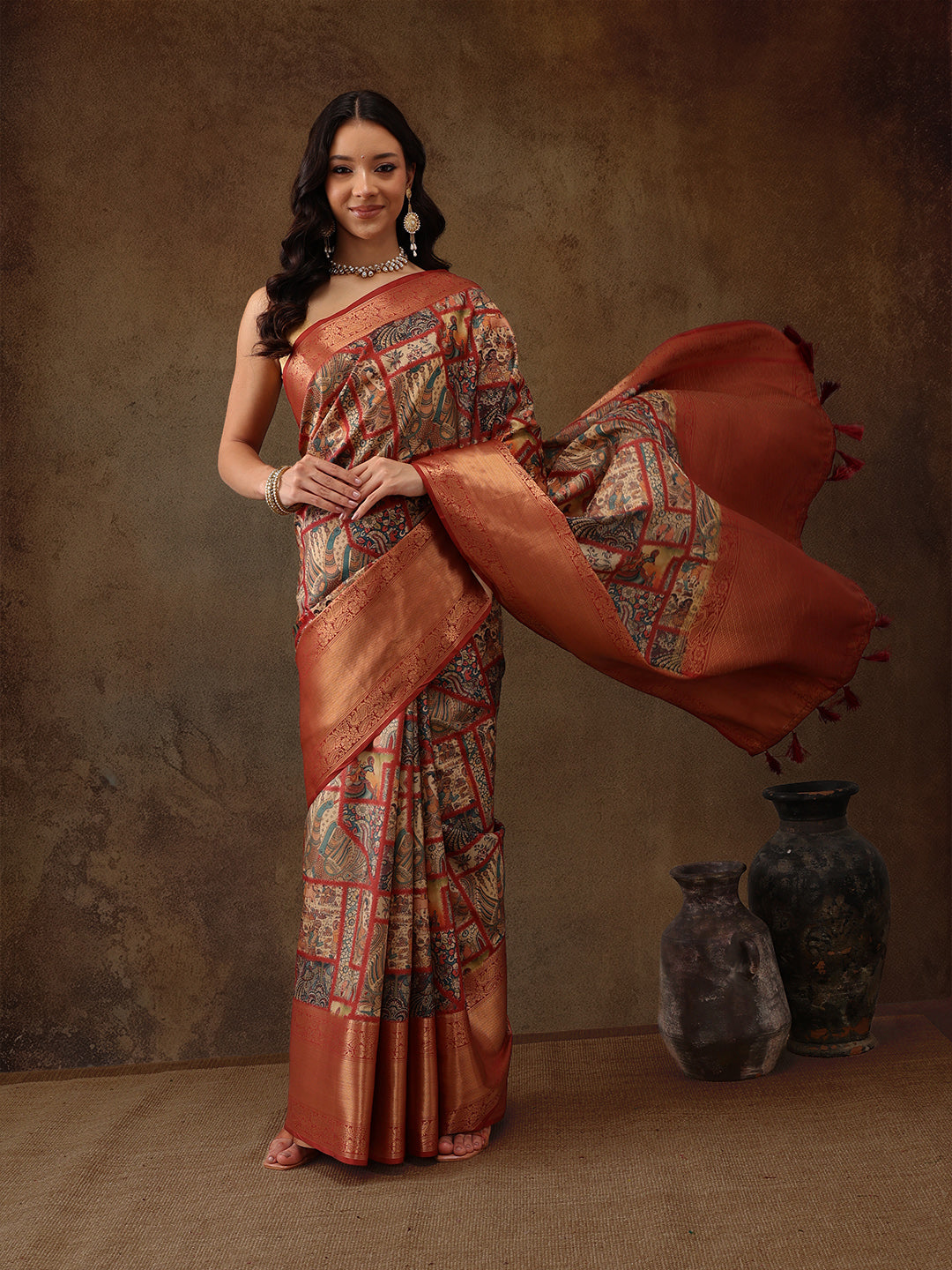 Kanjeevaram Pattu Zari Woven Border Digital Printed Saree