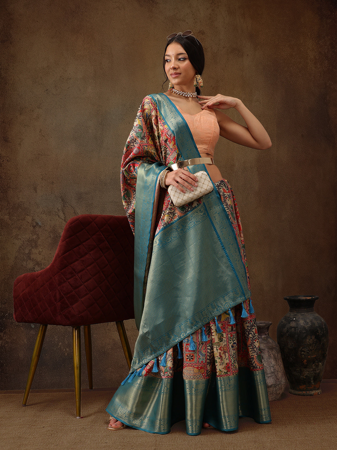 Kanjeevaram Pattu Zari Woven Border Digital Printed Saree