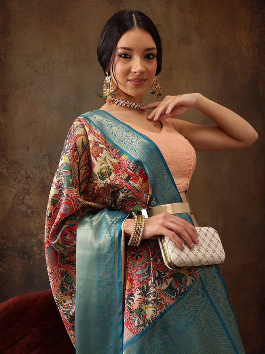 Kanjeevaram Pattu Zari Woven Border Digital Printed Saree