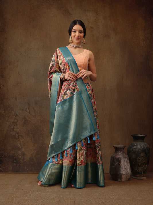 Kanjeevaram Pattu Zari Woven Border Digital Printed Saree