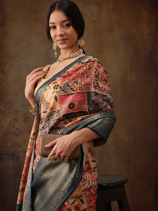 Kanjeevaram Pattu Zari Woven Border Digital Printed Saree