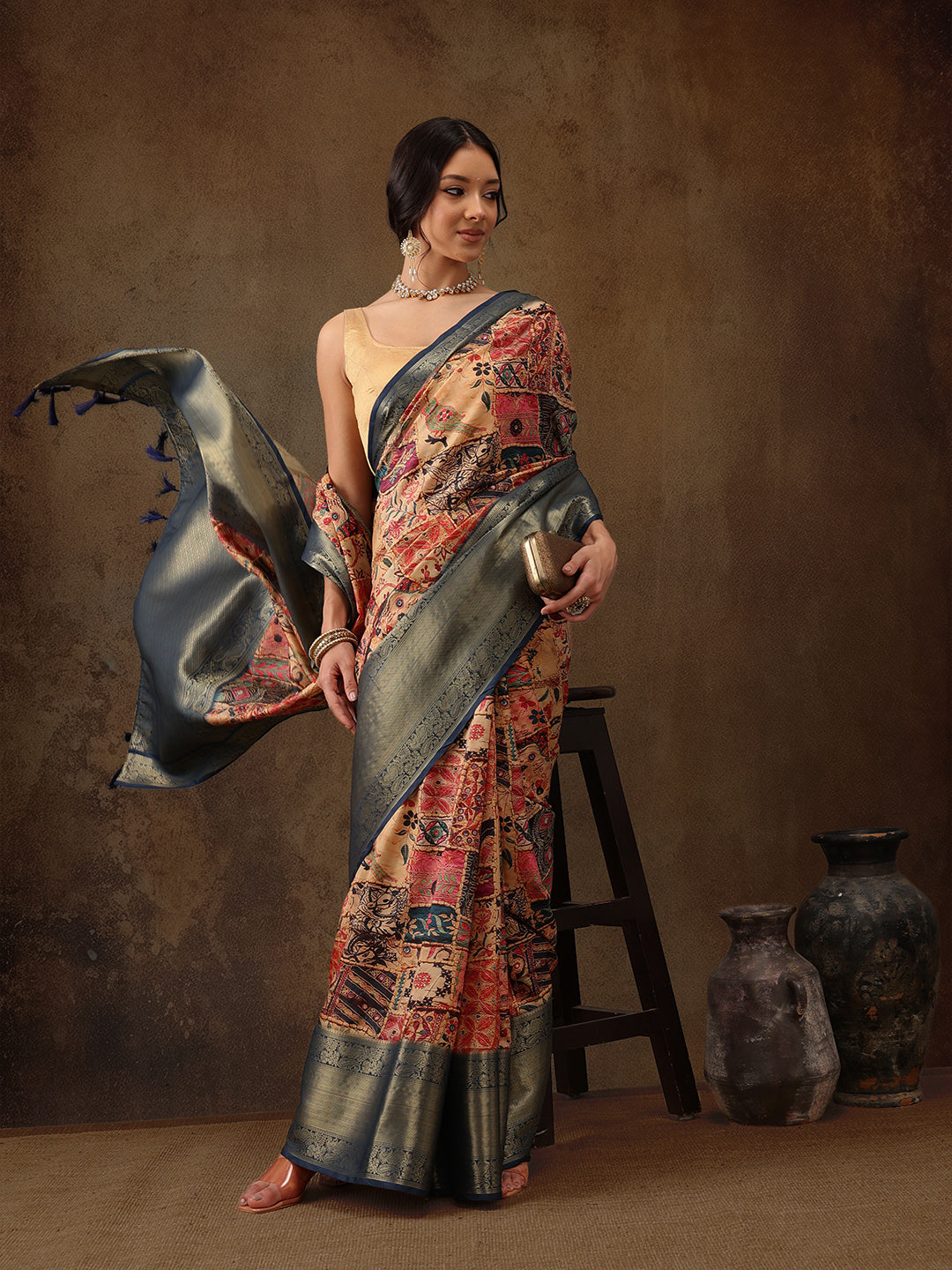 Kanjeevaram Pattu Zari Woven Border Digital Printed Saree