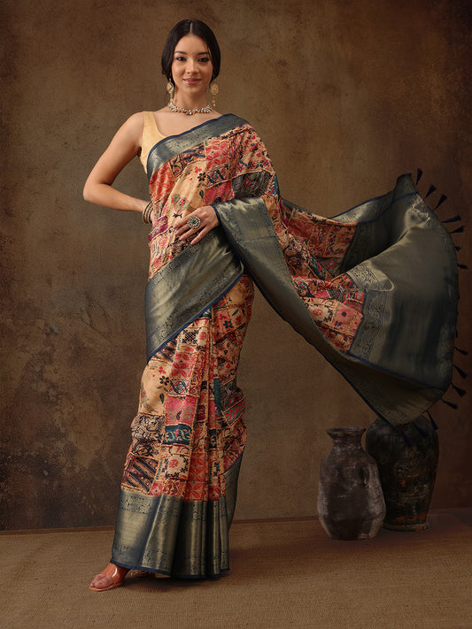 Kanjeevaram Pattu Zari Woven Border Digital Printed Saree