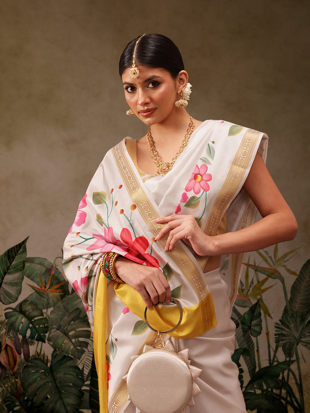 Onam Special Floral Printed Silk Kasavu Saree