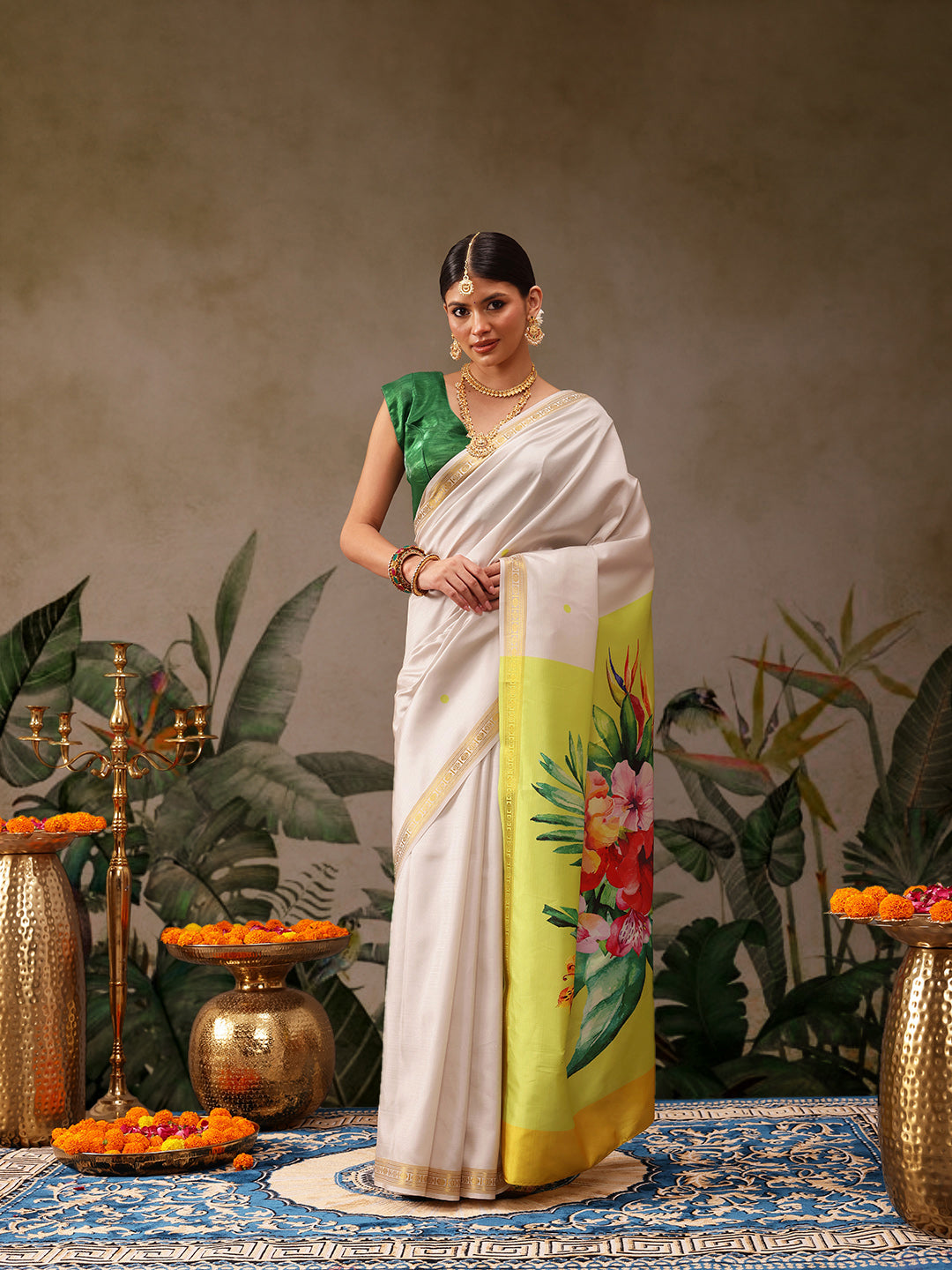 Onam Special Floral Printed Silk Kasavu Saree