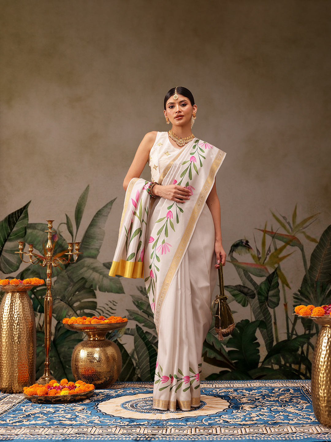 Onam Special Floral Printed Silk Kasavu Saree