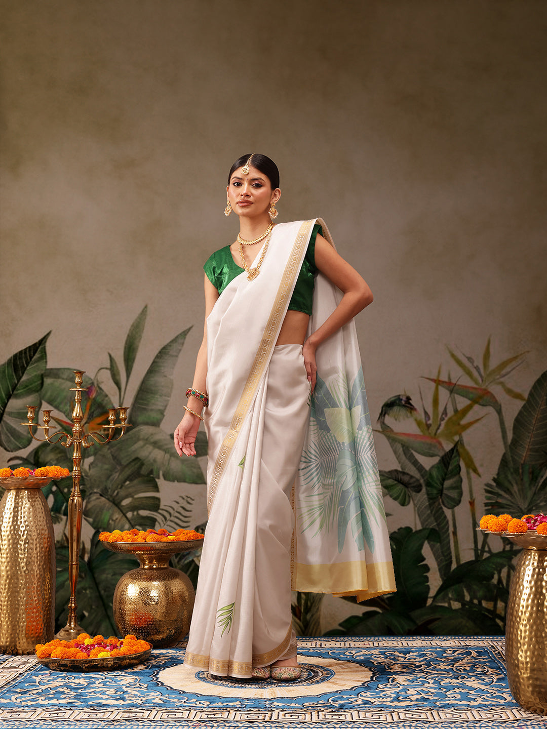 Onam Special Floral Printed Silk Kasavu Saree
