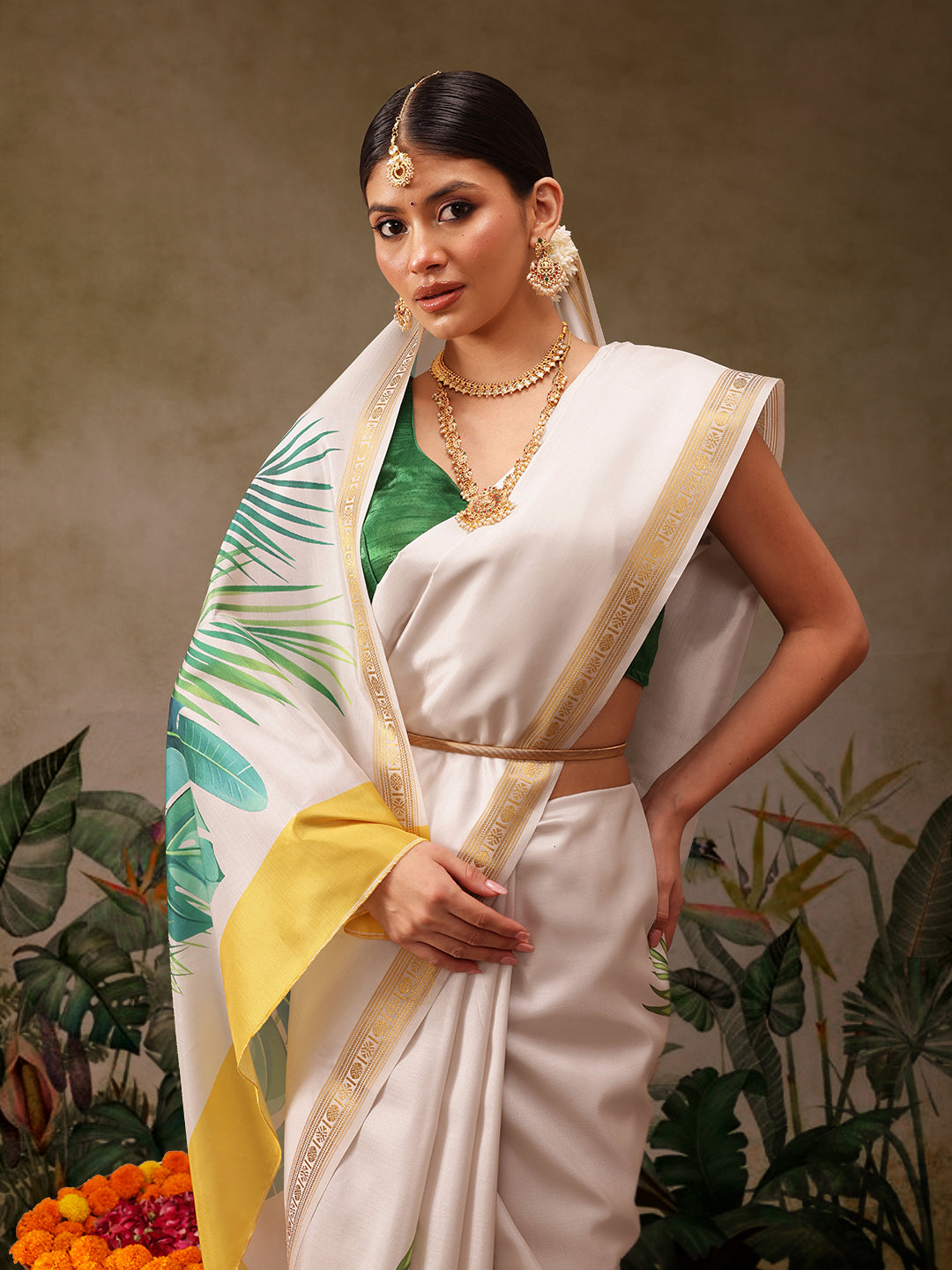 Onam Special Floral Printed Silk Kasavu Saree