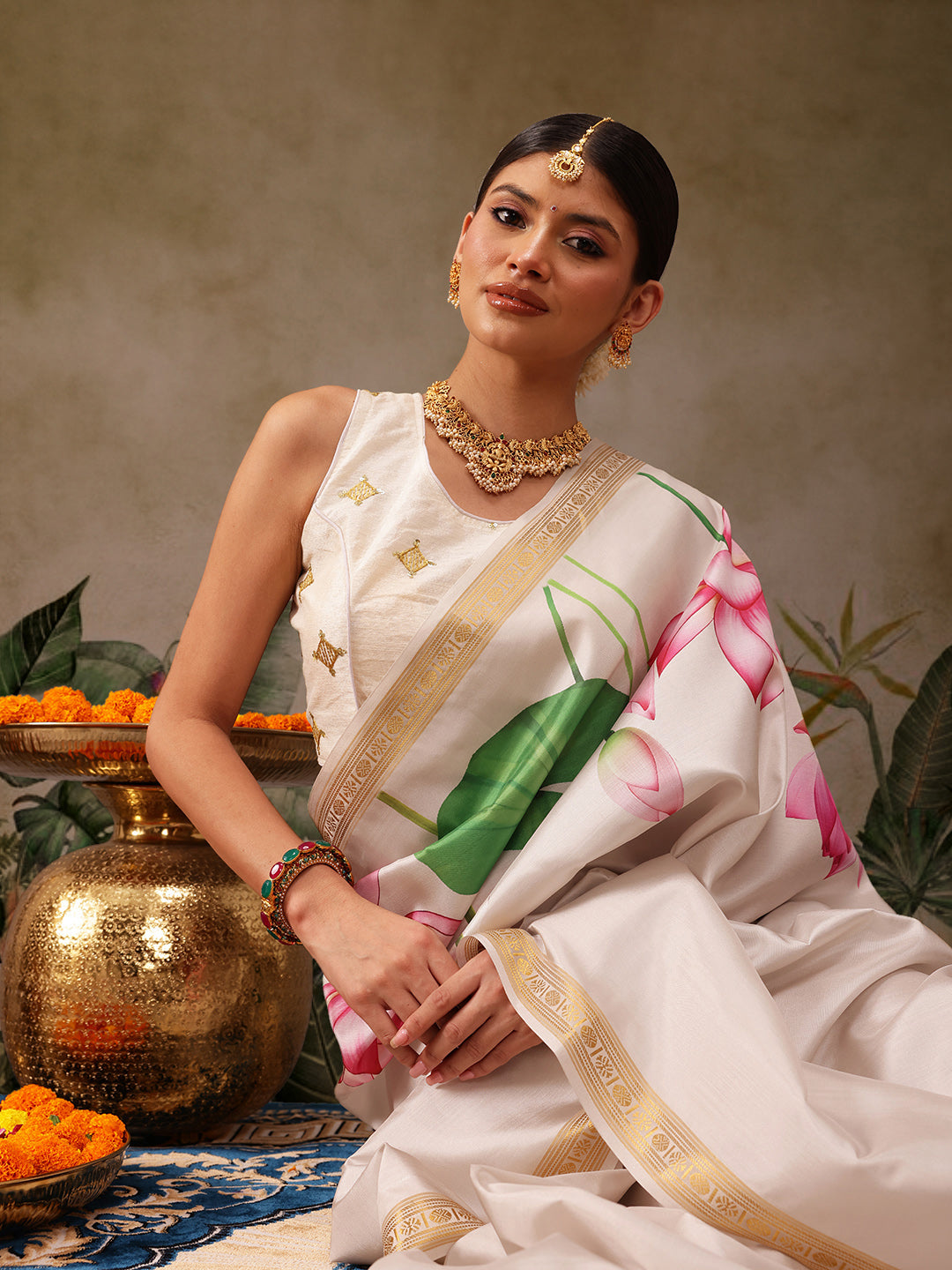 Onam Special Floral Printed Silk Kasavu Saree