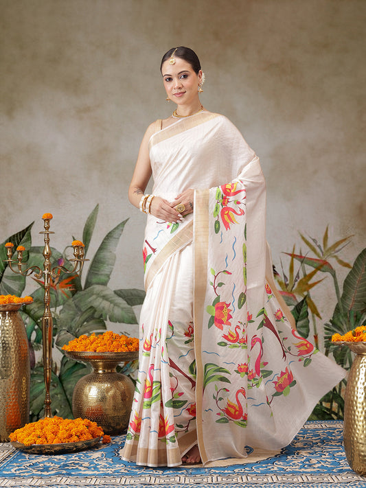 Digital Printed Animal & Floral Printed Tussar Silk Saree With Printed Blouse