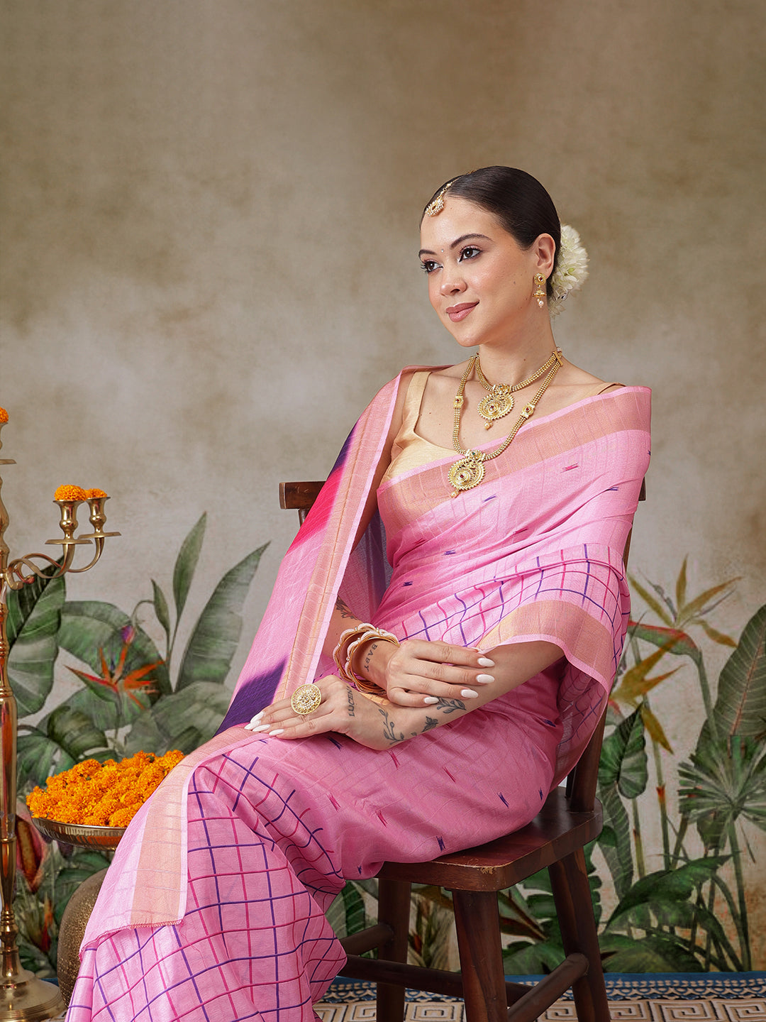 Digital Printed Half & Half Design Saree With Solid Blouse