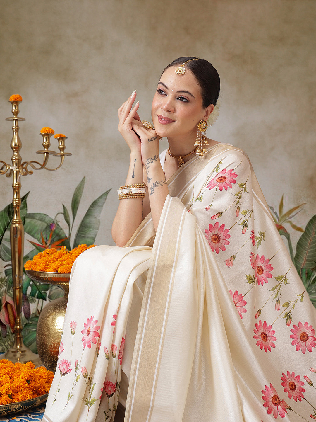 Onam Special Digital Printed Soft Silk Kasavu Saree With Printed Blouse
