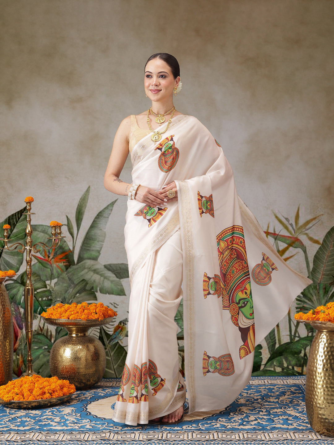 Kathakali Mural Printed Kerla Kasavu Art Silk Saree With Printed Blouse