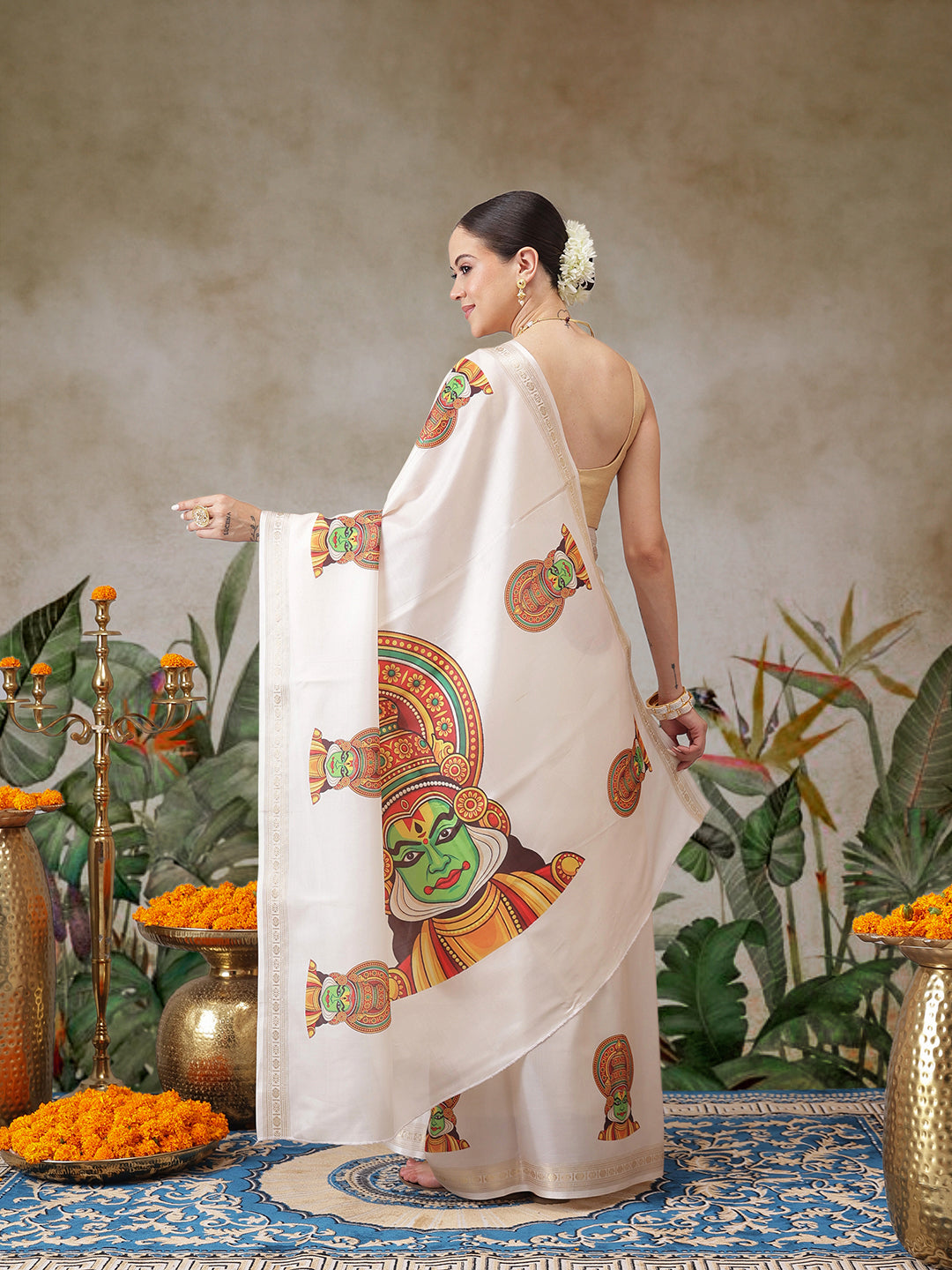 Kathakali Mural Printed Kerla Kasavu Art Silk Saree With Printed Blouse