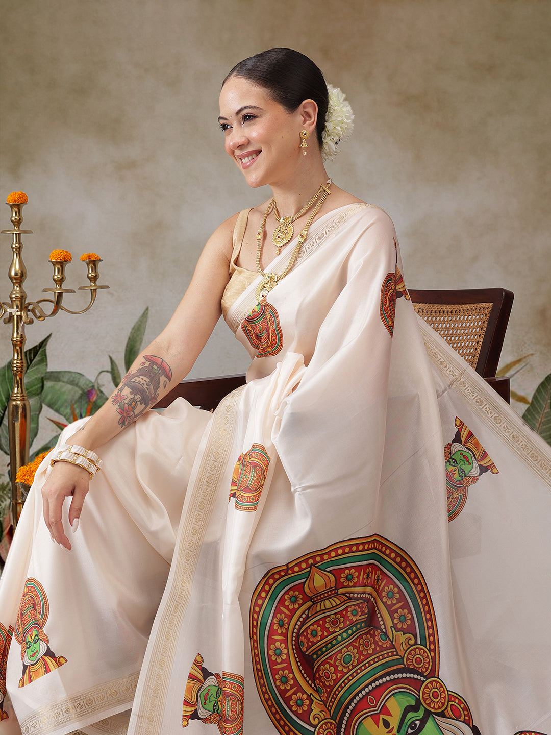 Kathakali Mural Printed Kerla Kasavu Art Silk Saree With Printed Blouse
