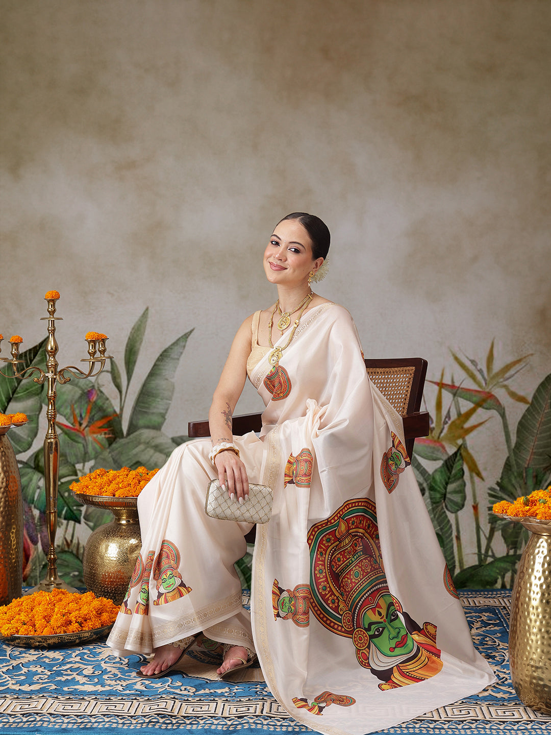 Kathakali Mural Printed Kerla Kasavu Art Silk Saree With Printed Blouse
