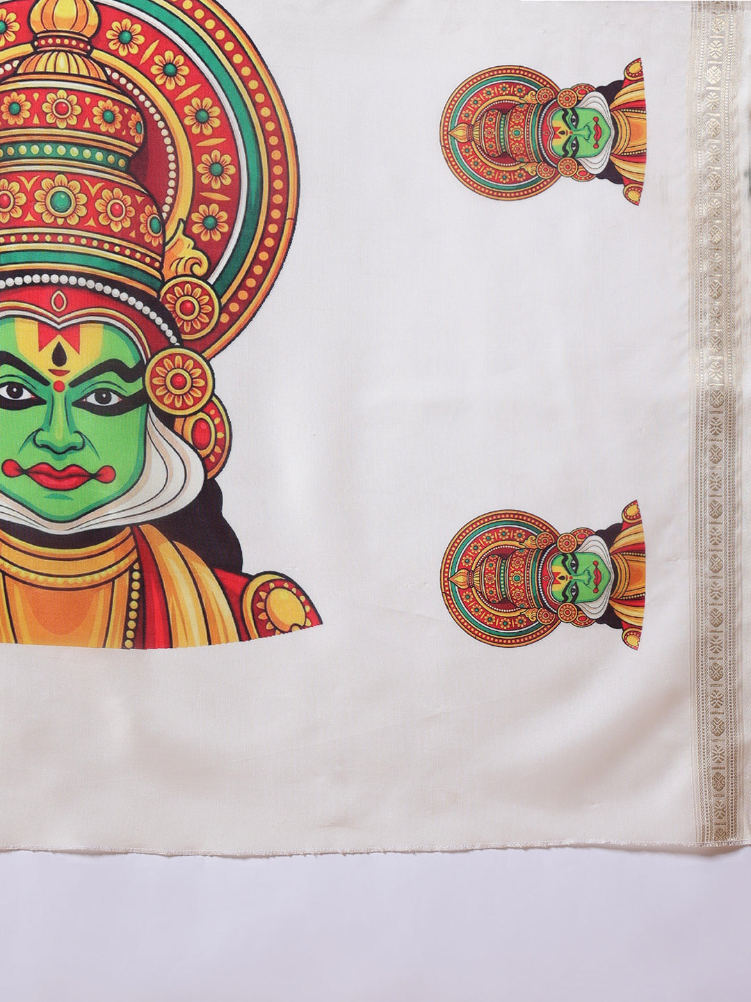 Kathakali Mural Printed Kerla Kasavu Art Silk Saree With Printed Blouse