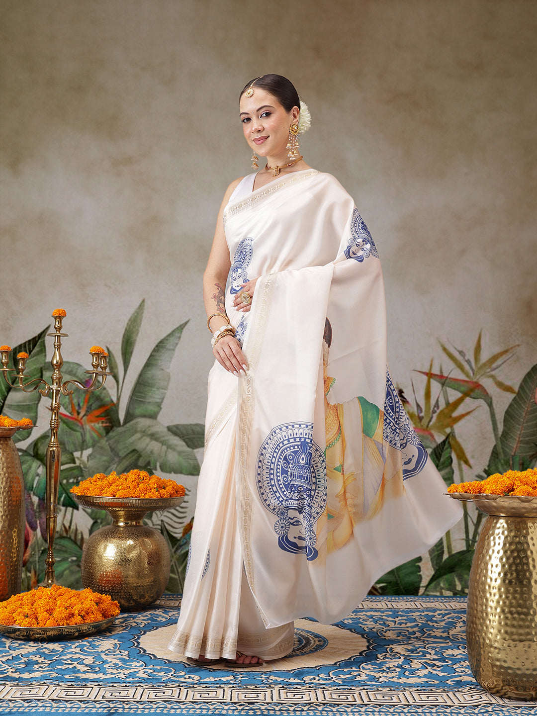 Onam Special Kerla Kasavu Mural Printed Art Silk Saree With Printed Blouse