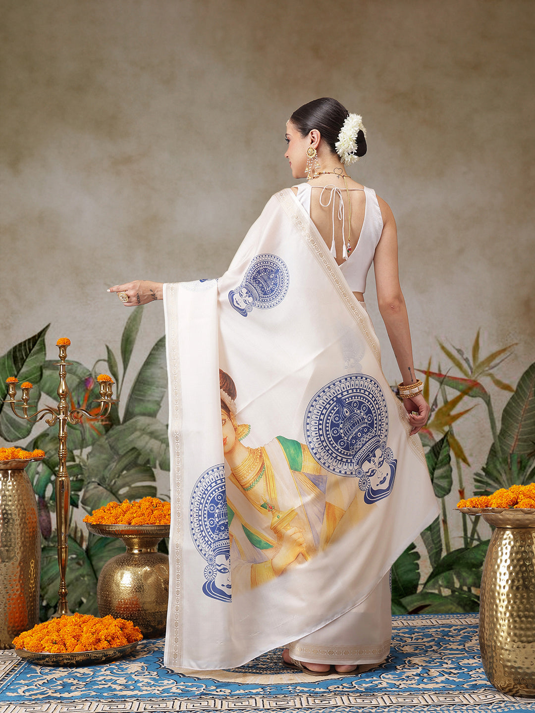Onam Special Kerla Kasavu Mural Printed Art Silk Saree With Printed Blouse