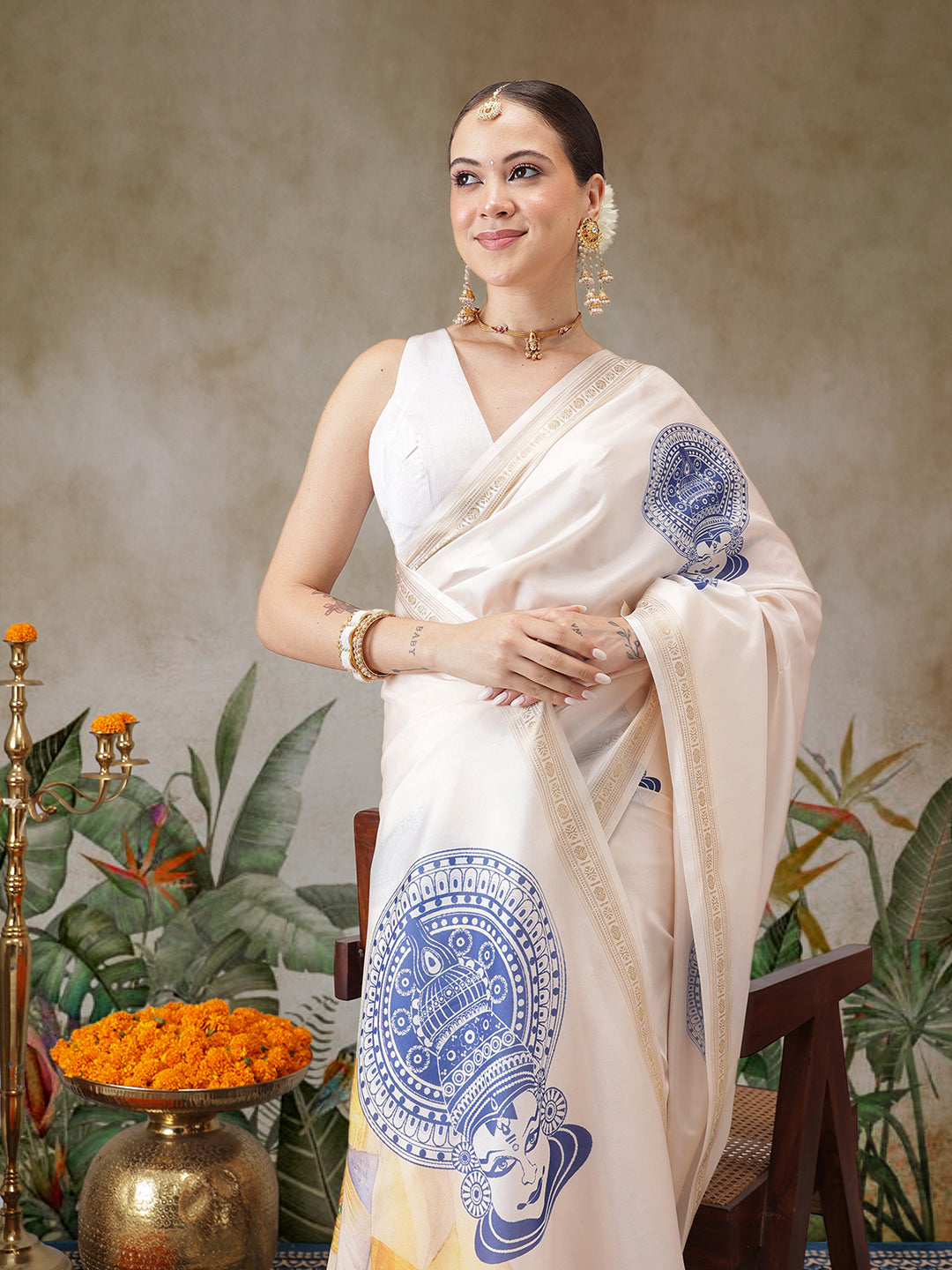 Onam Special Kerla Kasavu Mural Printed Art Silk Saree With Printed Blouse