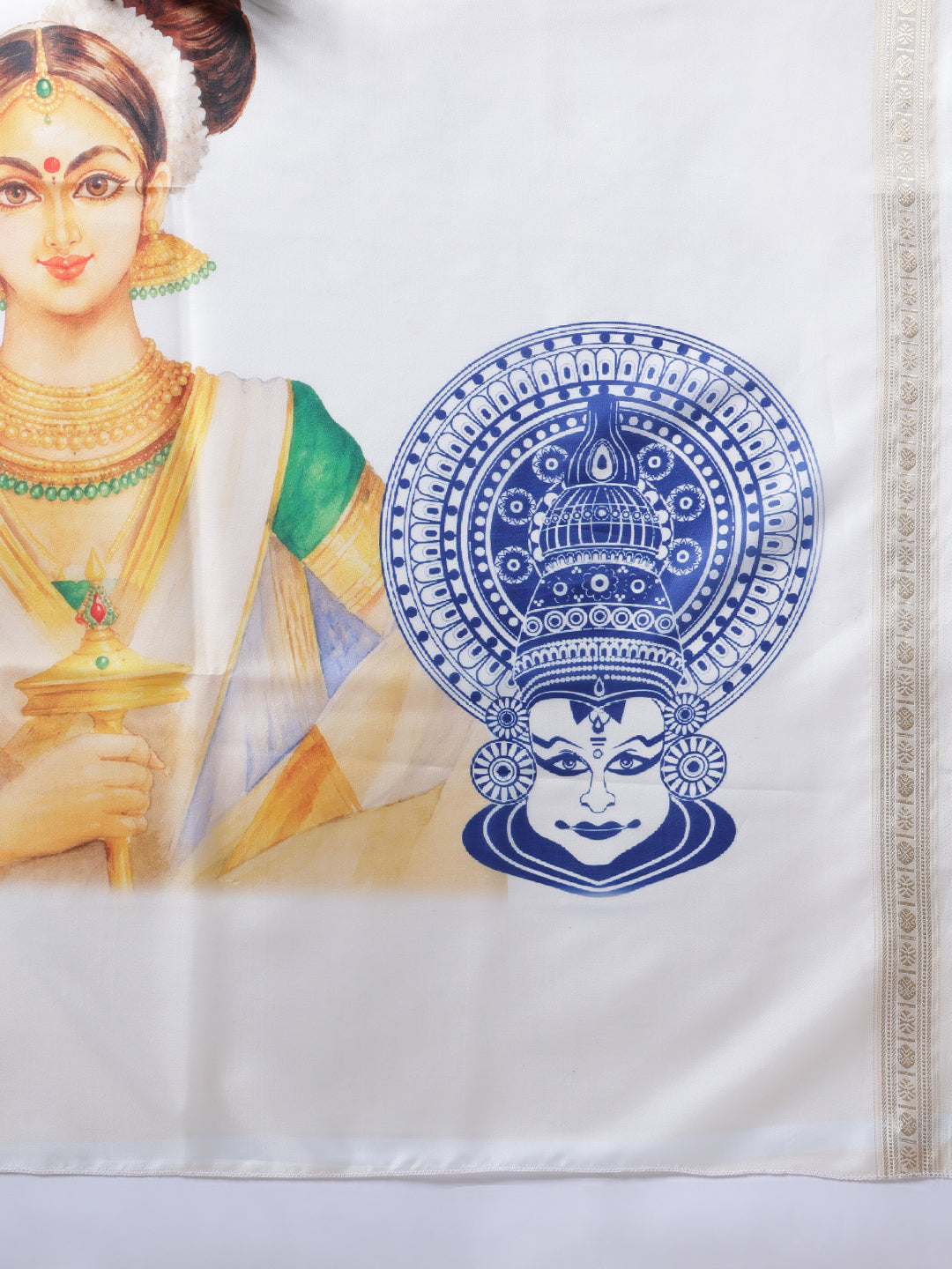 Onam Special Kerla Kasavu Mural Printed Art Silk Saree With Printed Blouse