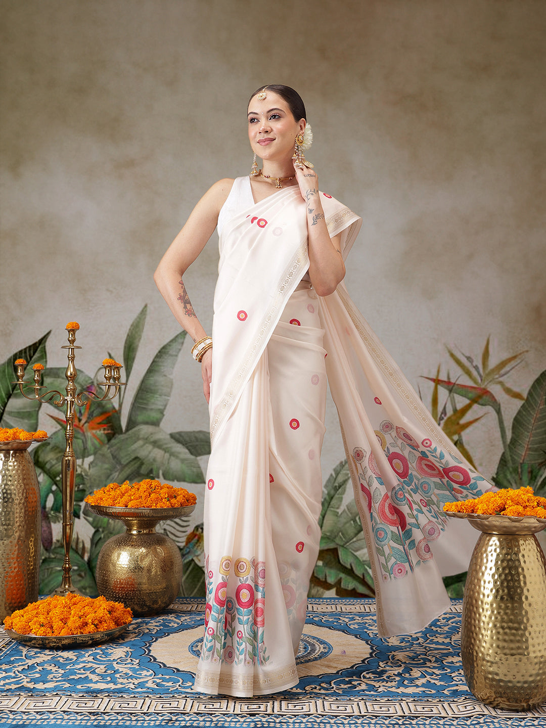 Floral Printed Onam Inspired Kasavu Saree With Printed Blouse