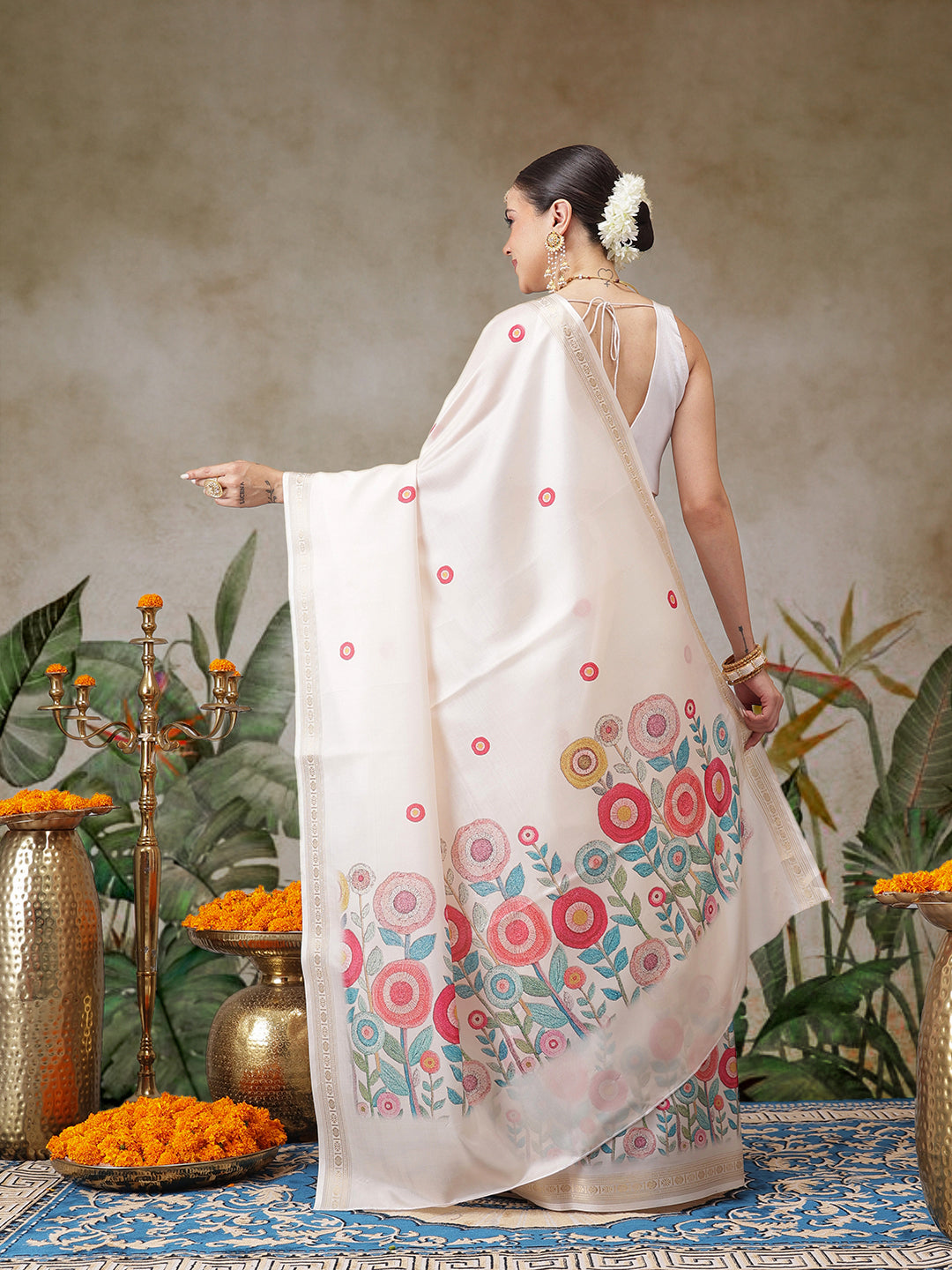 Floral Printed Onam Inspired Kasavu Saree With Printed Blouse