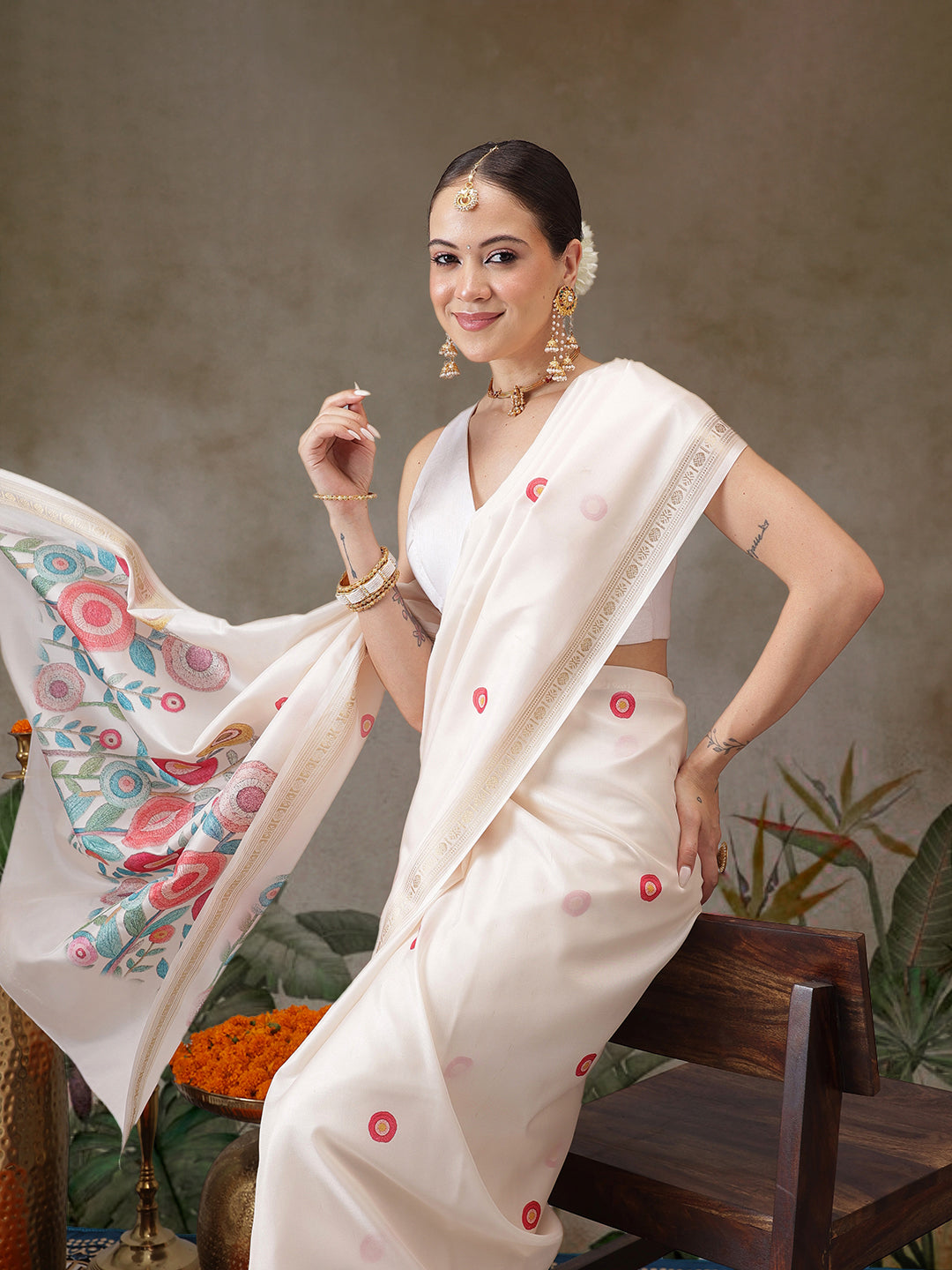 Floral Printed Onam Inspired Kasavu Saree With Printed Blouse