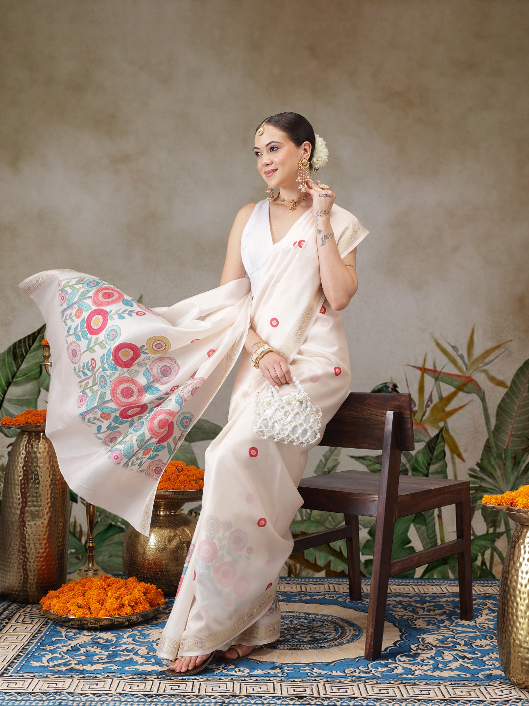Floral Printed Onam Inspired Kasavu Saree With Printed Blouse