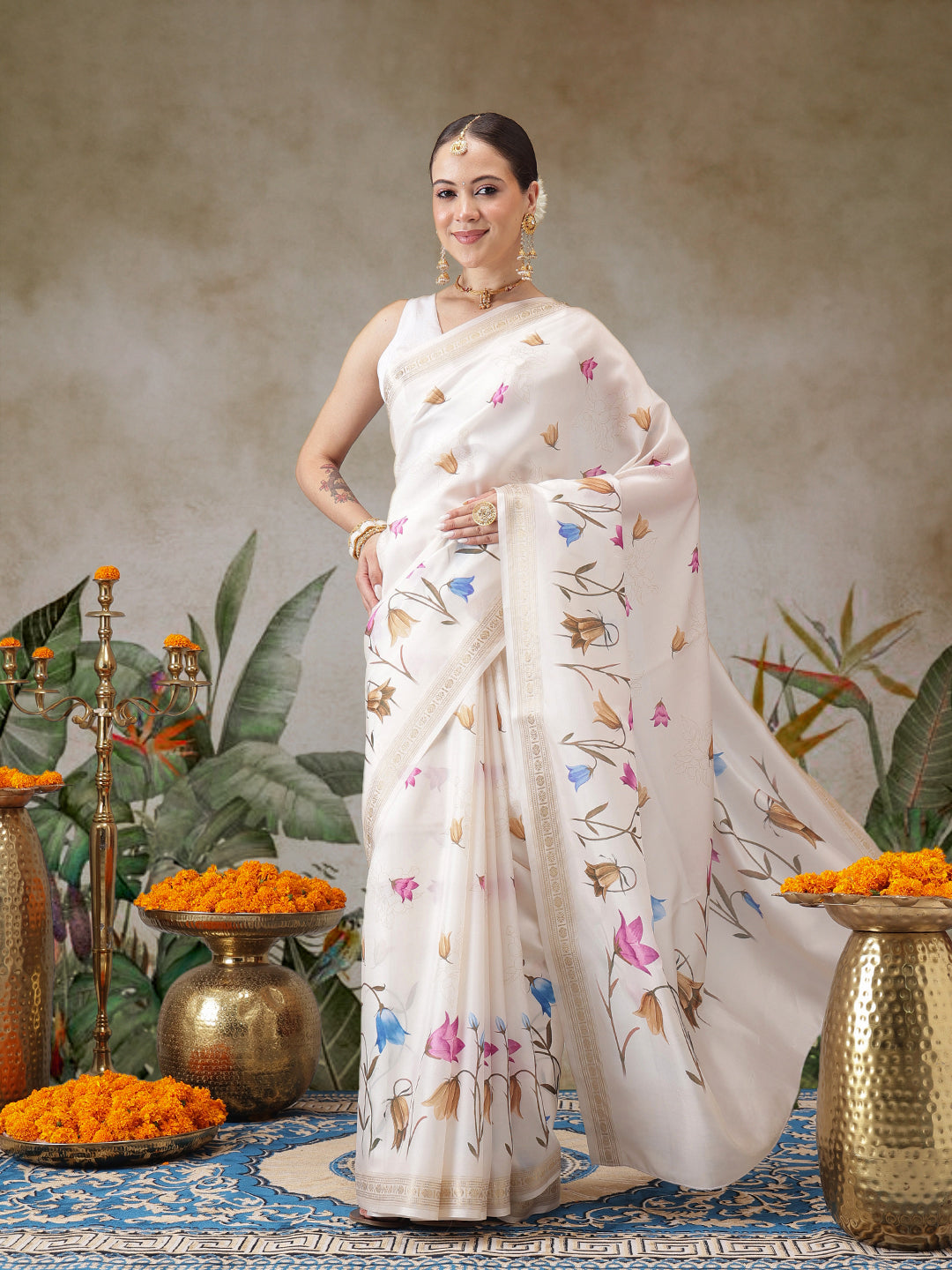 Floral Printed Onam Inspired Kasavu Saree With Printed Blouse