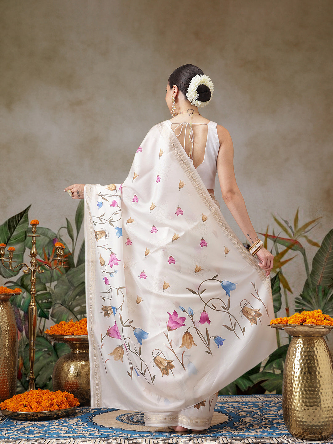 Floral Printed Onam Inspired Kasavu Saree With Printed Blouse