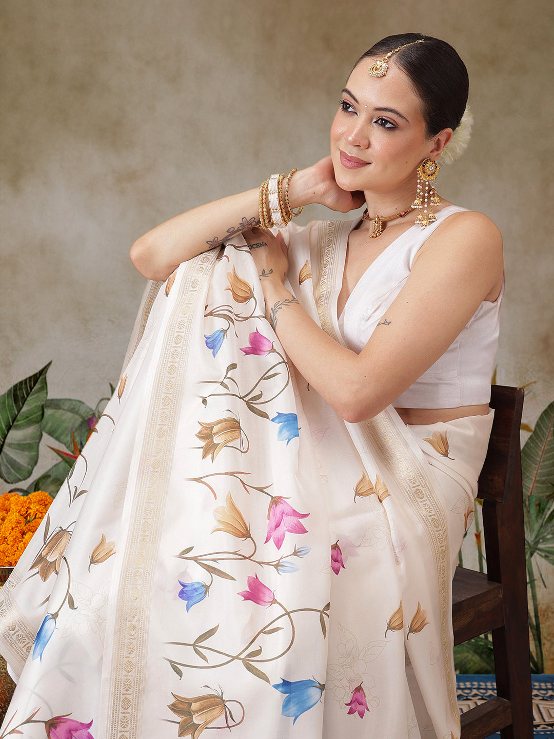 Floral Printed Onam Inspired Kasavu Saree With Printed Blouse