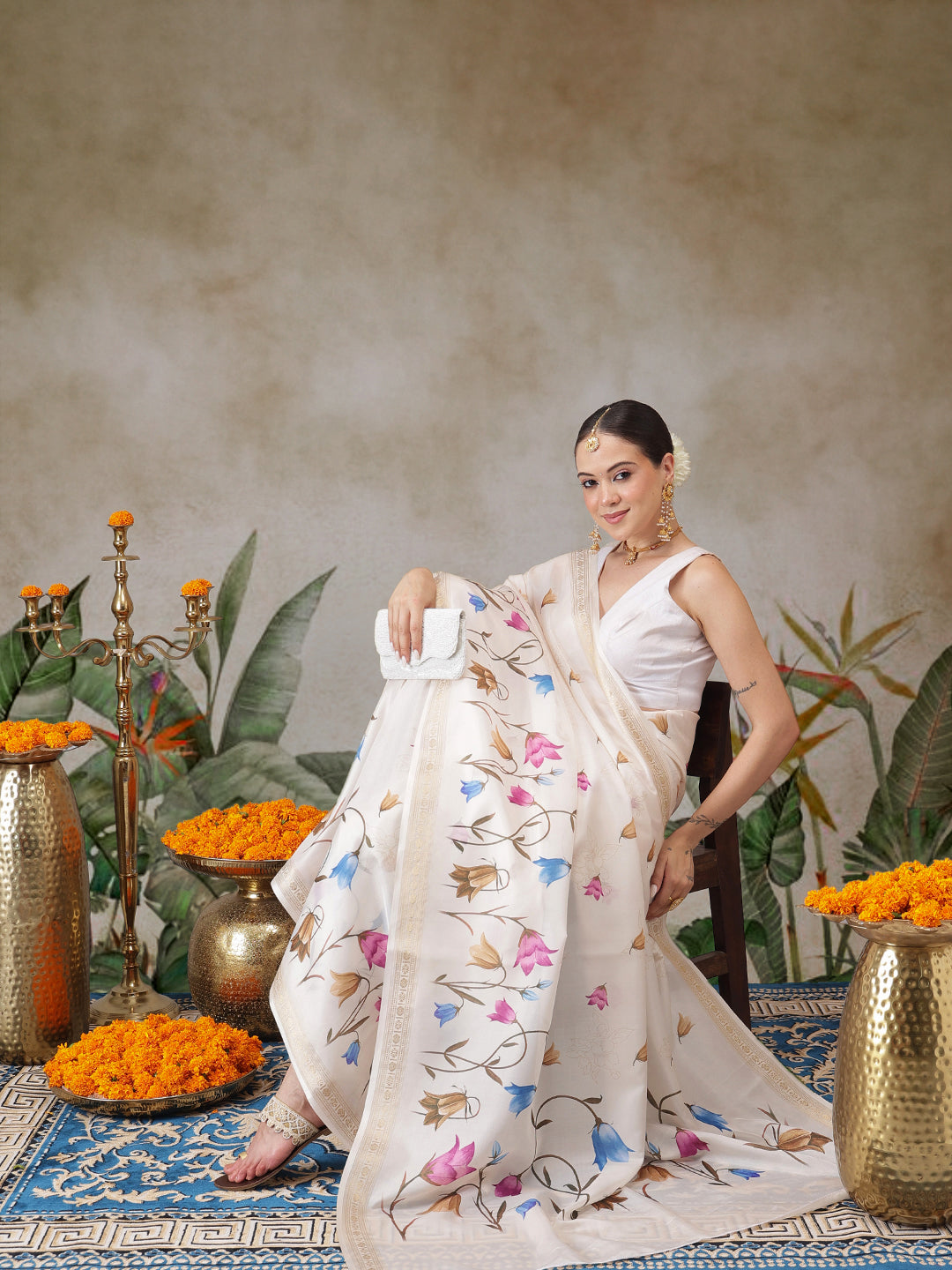 Floral Printed Onam Inspired Kasavu Saree With Printed Blouse