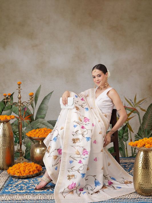 Floral Printed Onam Inspired Kasavu Saree With Printed Blouse