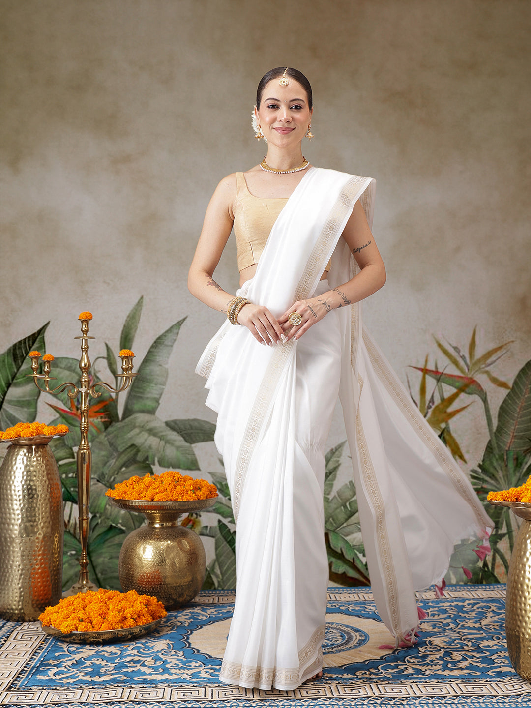 Onam Special Golden Border Solid Art Silk Kasavu Saree With Printed Blouse