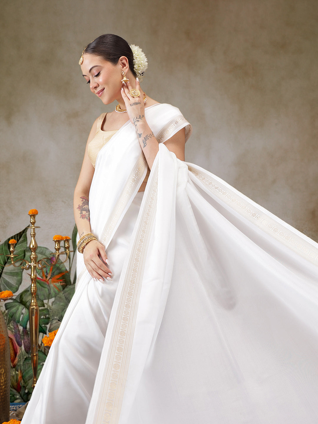 Onam Special Golden Border Solid Art Silk Kasavu Saree With Printed Blouse