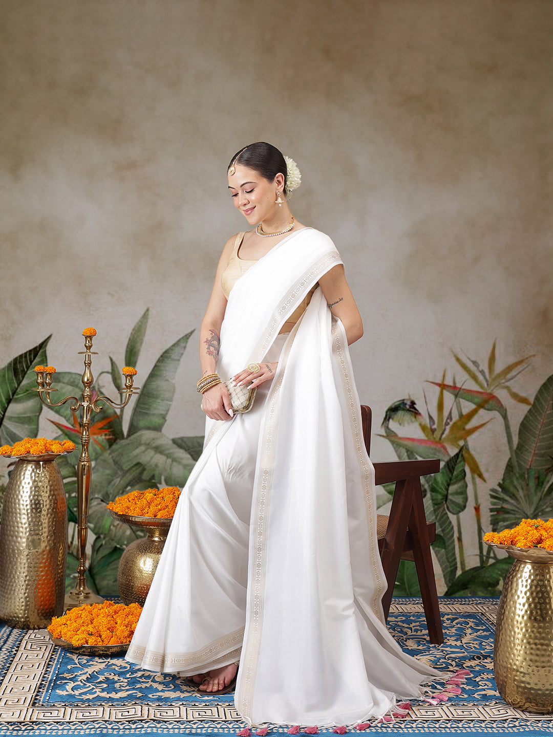 Onam Special Golden Border Solid Art Silk Kasavu Saree With Printed Blouse