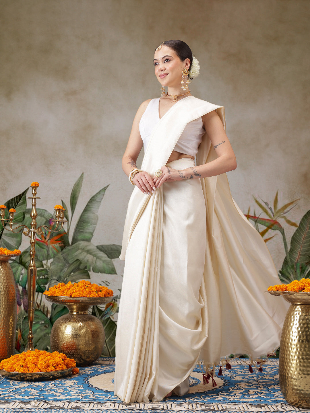 Onam Special Solid Soft Silk Kasavu Saree With Beautiful Tassels & Printed Blouse