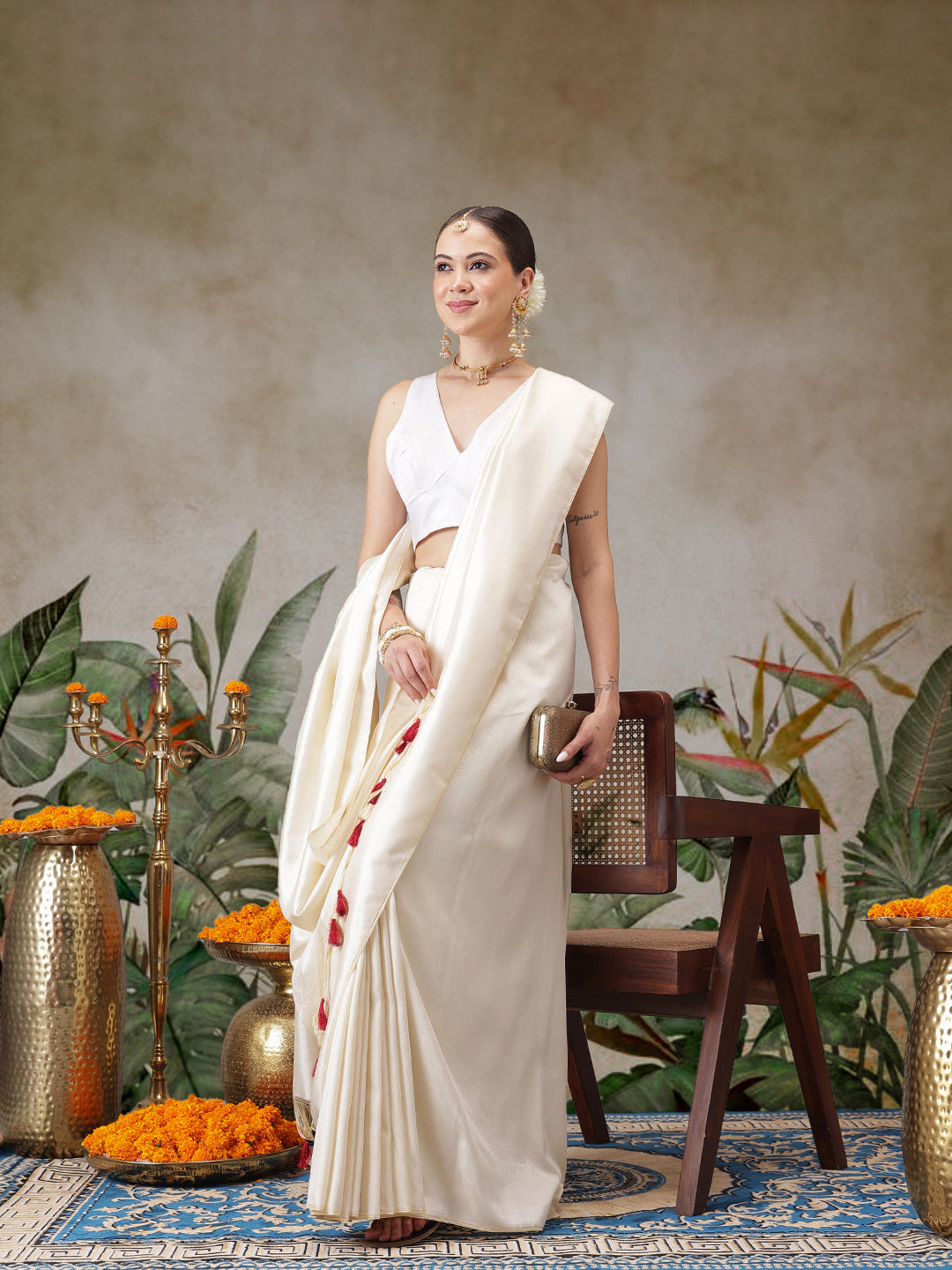 Onam Special Solid Soft Silk Kasavu Saree With Beautiful Tassels & Printed Blouse