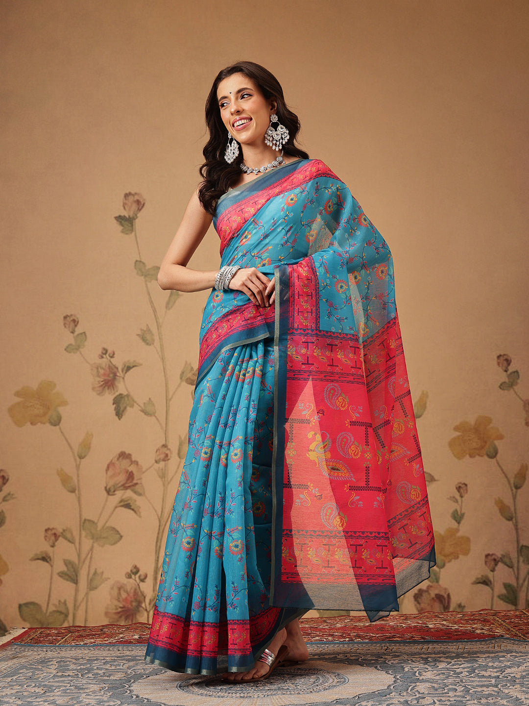 Paithani Cotton Blend Saree With Contrast Border