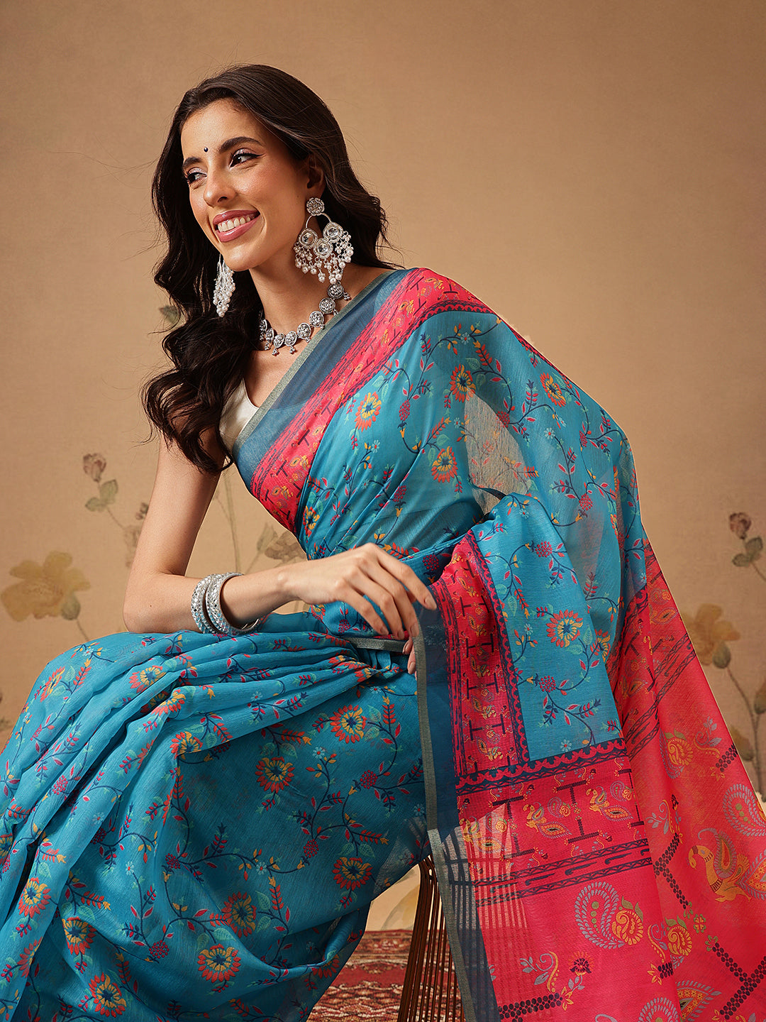 Paithani Cotton Blend Saree With Contrast Border