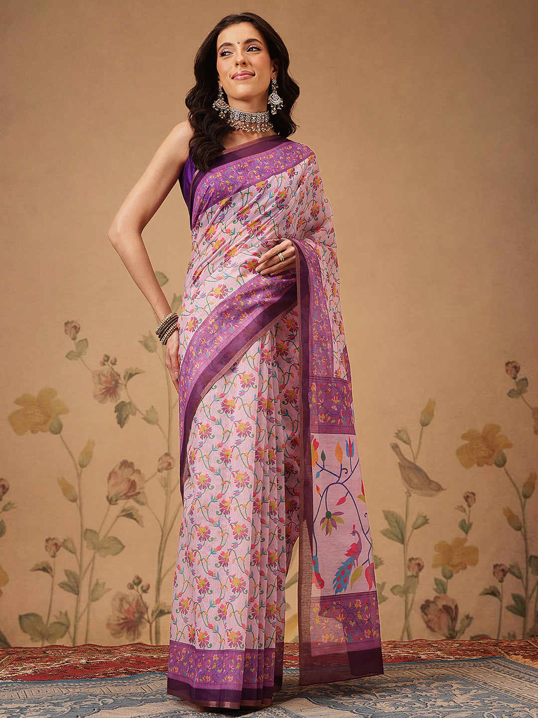 Contemporary Paithani Cotton Blend Saree with Floral Design
