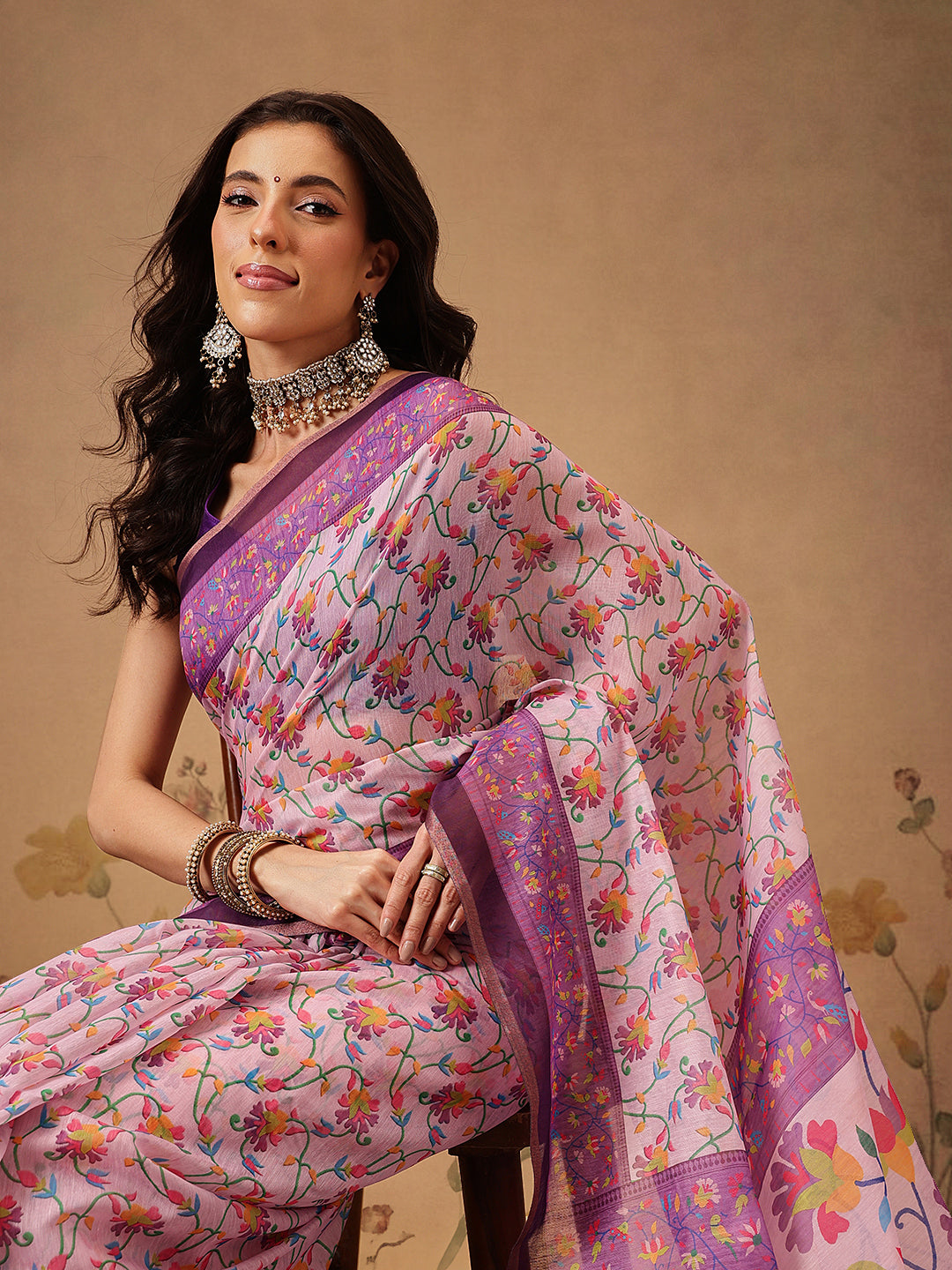 Contemporary Paithani Cotton Blend Saree with Floral Design