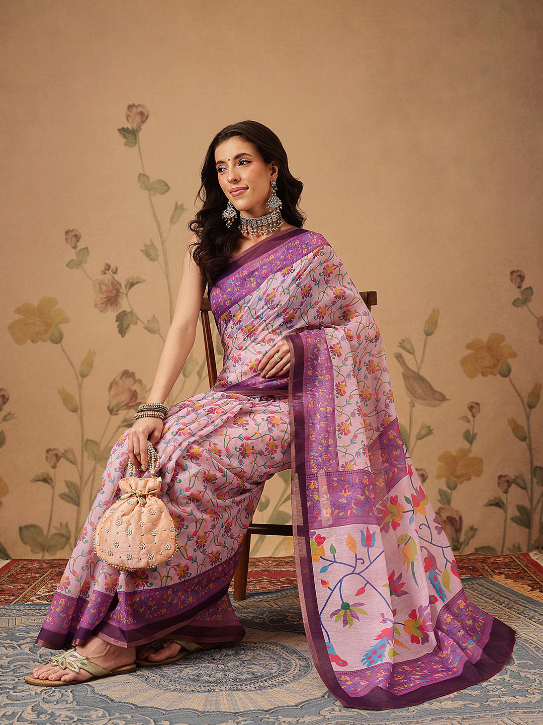 Contemporary Paithani Cotton Blend Saree with Floral Design