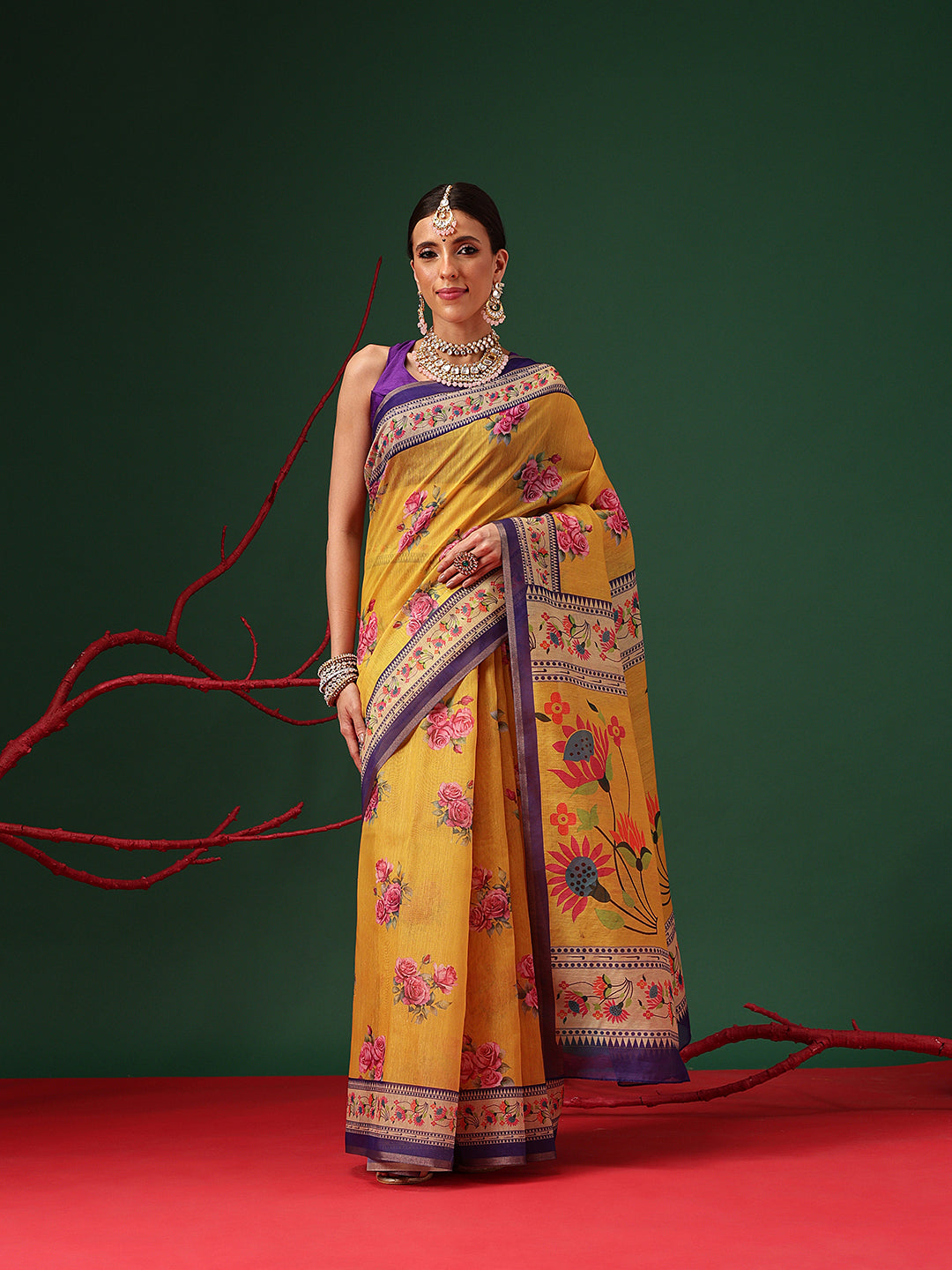 Paithani Cotton Blend Saree With Contrast Border